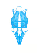 new Victoria  s Secret High Neck Lace Grommet Strappy Teddy Blue S