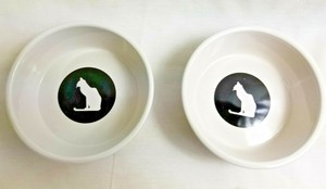 Cat-Kitty-Feeding-amp-Water-Dishes-Bowl-5-034-Ceramic-Pottery-Black-White-Silhouettes