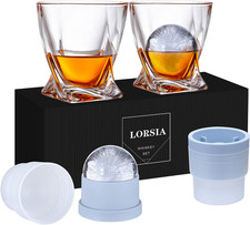 Whiskey Rocks Glass, Set of 4 (2 Crystal Bourbon Glasses, 2 Round Big Ice Ball M