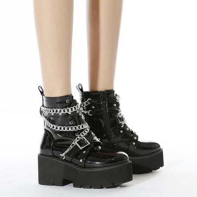 Fashion Womens Chain Decor Block Heels Platform Ankle Boots Lace Up Zip Shoes SZ