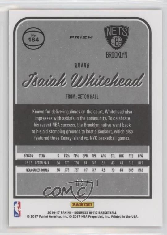 2016-17 Panini Donruss Optic Gold Prizm /10 Isaiah Whitehead #184 Rookie RC - Image 2 of 2