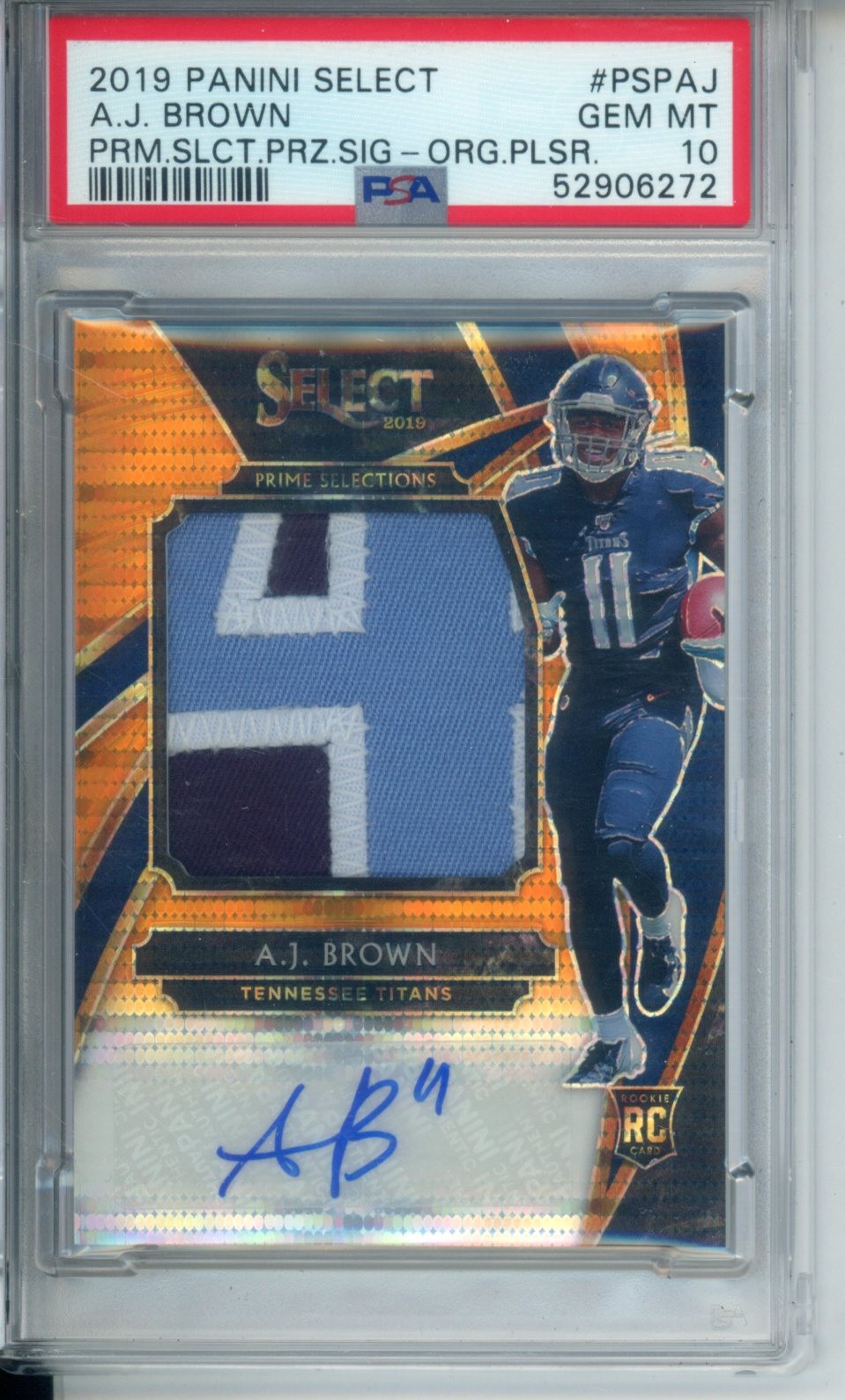 2019 Select A.J. Brown Prime Rookie Patch Auto Orange Plsr #11/23 PSA 10 BNB411