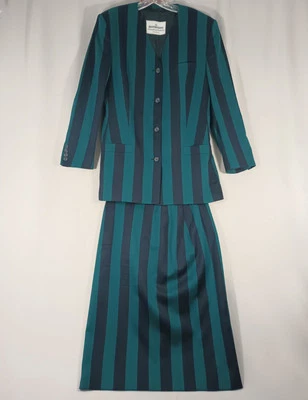 Austin Reed 2 Pc Skirt Suit Jacket Womens 14 Emerald Green Black Stripe England - Image 1 of 4