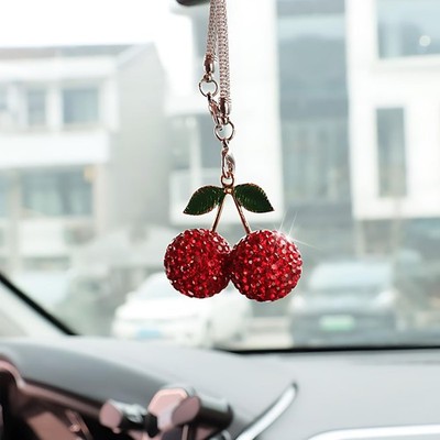 UHANBUT Bling Cherry Car Rear View Mirror Charm, Sparkly Rhinestones Automoti...