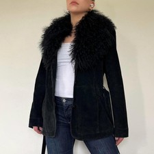 Women Penny Lane Coat   Black Afghan Coat   70s Suede Shearling Jacket   Belted