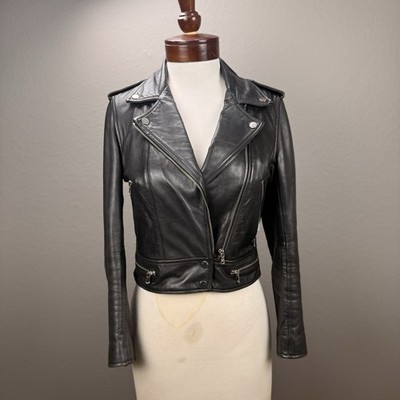 Sandro Paris Women's Lamb Leather Cropped Biker Motorcycle Full Zip Jacket Sz 1