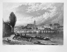 Switzerland BASEL BASLE RHINE RIVER CATHEDRAL CHURCH ~ 1876 Art Print Engraving