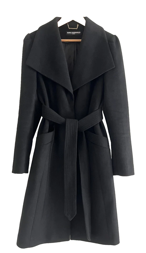 Abrigo negro para mujer Karl Lagerfeld Paris doble botonadura mezcla lana talla L Foto 3 de 4