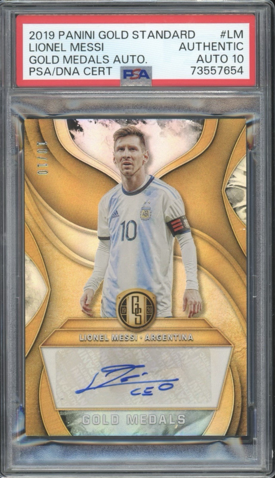 Lionel Messi 2019/20 Gold Standard Gold Medals Authentic PSA Auto 10 Jersey # view 1