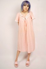 80s Floral Button Up Nightgown XL pink white vintage midi nightie house dress