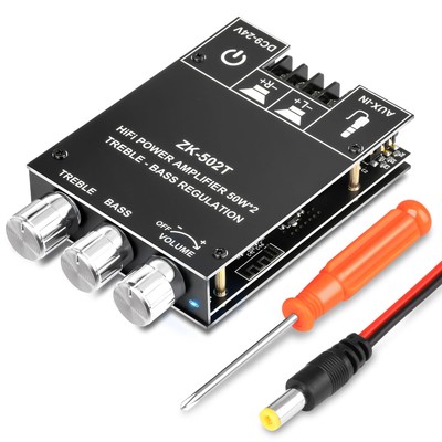 ZK-502T 50W 2.0 Channel Bluetooth Amp Board with Treble and Bass Control, 12-...
