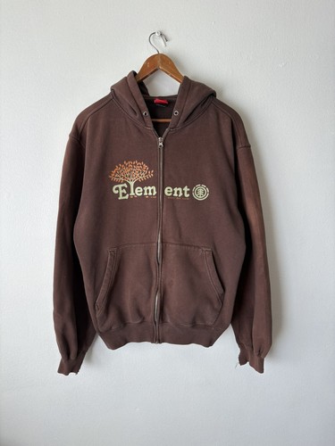 Y2K Element Hoodie Mens Brown Full Zip Sweatshirt Skate Faded Distressed Small