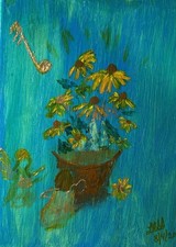 original oil painting signed Unframed Blue And Green Music Angels Fairy  8x10”