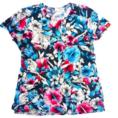 Dickies Scrub Top Women M Tropical Floral Monkey Giraffe Print V-Neck Artsy