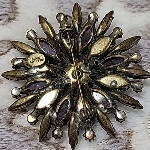 Vintage Signed Alice Caviness Purple Rhinestone & Art Glass Brooch 