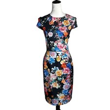 Betsey Johnson Floral Scuba Knit Midi Dress 12 | Multicolor Sheath Cap Sleeve