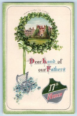 St. Patrick's Day Postcard Howth Castle Co Dublin Shamrocks Harp Flowers c1910's