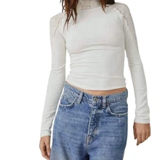 Free People Cream Feminine Fairy Hipster Lace Ribbed Mock Neck Top Sz M