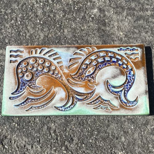 VTG Mid Century Royal Haeger Pottery trivet tile MCM Tiki Bar Decor Fish Blue