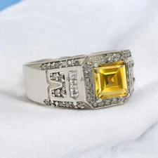 Citrine Emerald Cut Gemstone With 925 Sterling Silver Ring For Men's #871