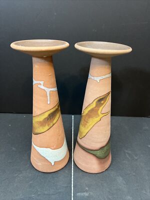 Alfa Dom Dominican Republic Pottery Candle Holders 11  Tall Abstract Earth Wrap
