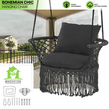 Macrame Hammock Chair Patio Swing Tassel Hanging Cotton Rope Cushion Seat Black