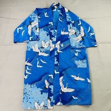 Unisex Blue Silk-Like Swan Crane Floral Halloween Japanese Robe Kimono-0328