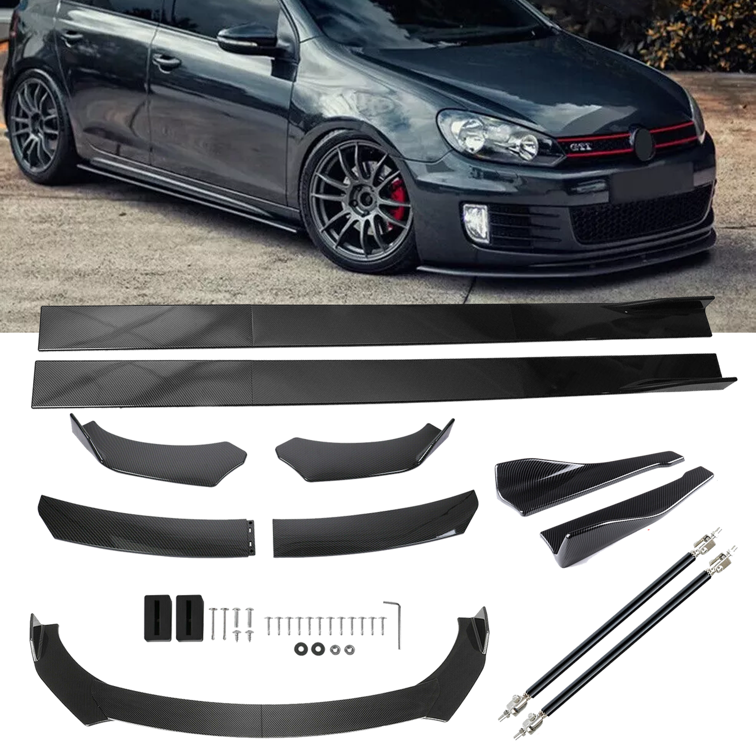 Front Lip Chin Bumper Body Kits Side Skirt For VW Jetta MK6 MK7 Carbon Fiber