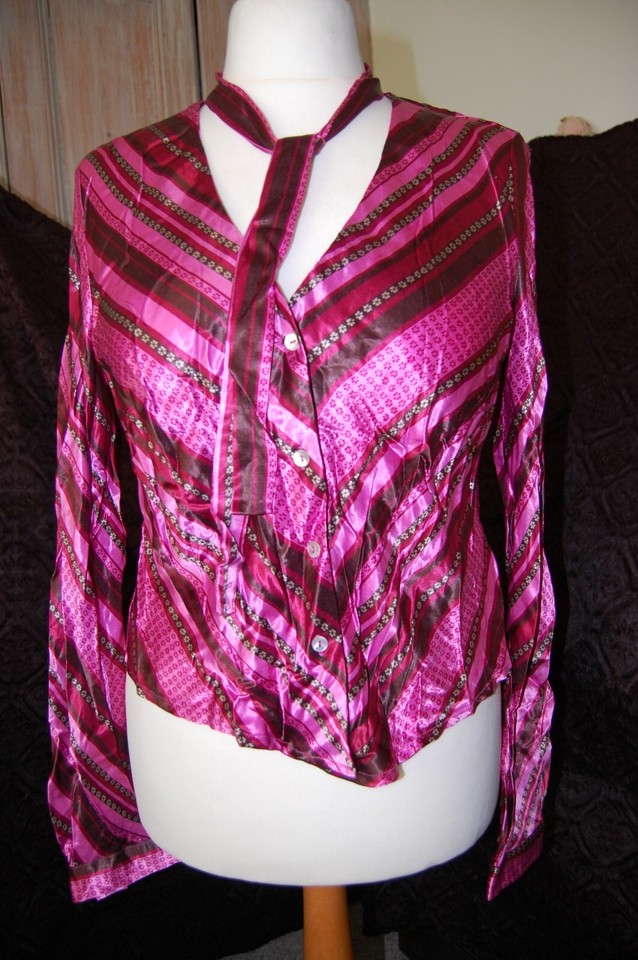 Whistles Express size 16 tie neck heavy satin blouse pink chevron