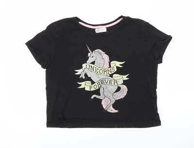H&M Girls Black Viscose blend Cropped T-Shirt Size 13 Years Unicorn  UK