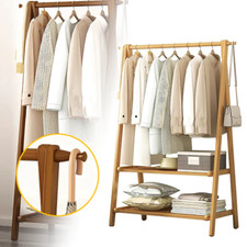 Folding Bamboo Clothes Rail Coat Rack Garment Hanging Stand 2 Tier Storage Shelf