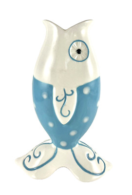 Ceramic FISH VASE Blue OCEAN THEME Tail Base Open Mouth SEASIDE Flower 6'' Tall