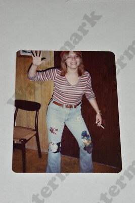 cute redhead woman in jeans with cigarette candid 80s VINTAGE PHOTOGRAPH  Ku