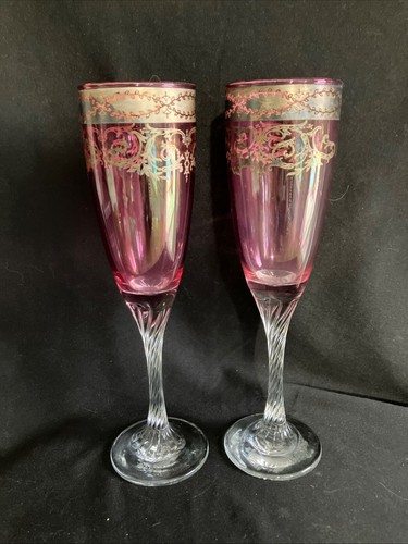 2 Moser Style Boho Czech Cranberry Glasses w/Silver Overlay & Twisted Stems - Picture 4 of 4