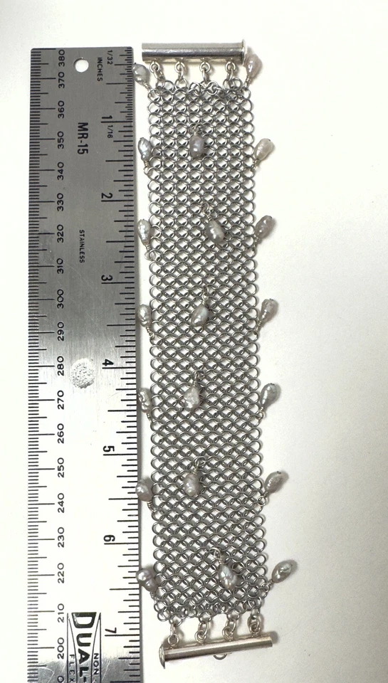 Pulsera de plata de ley y perlas de Allison Stern ~ vintage ~ 1999 cota de malla usada en excelente estado Foto 2 de 4