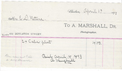 1898 Invoice, A. MARSHALL, Photographer, Boston, Massachusetts, E.D. Peters