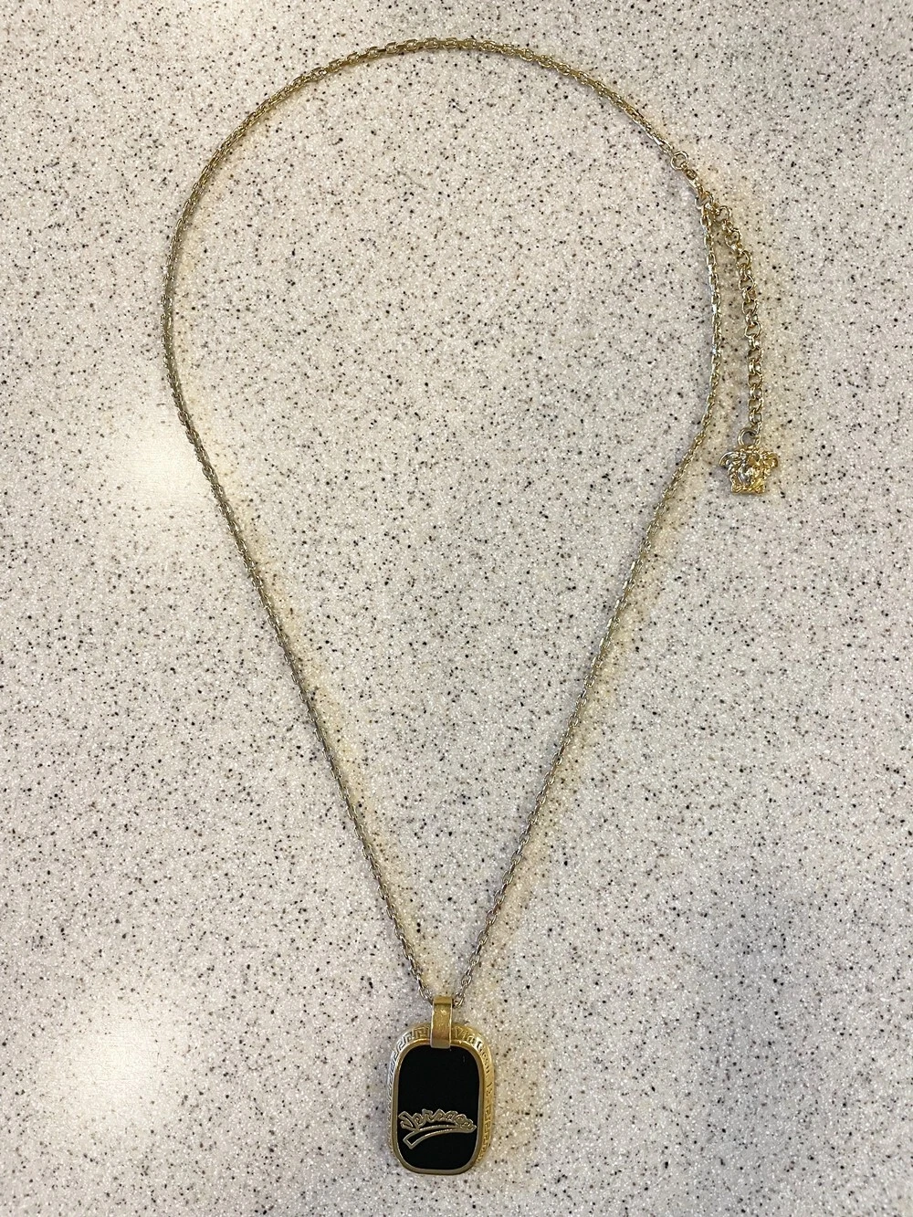 Collana con targhetta per cani VERSACE tono oro Varsity con chiusura Medusa. Autentico 22"