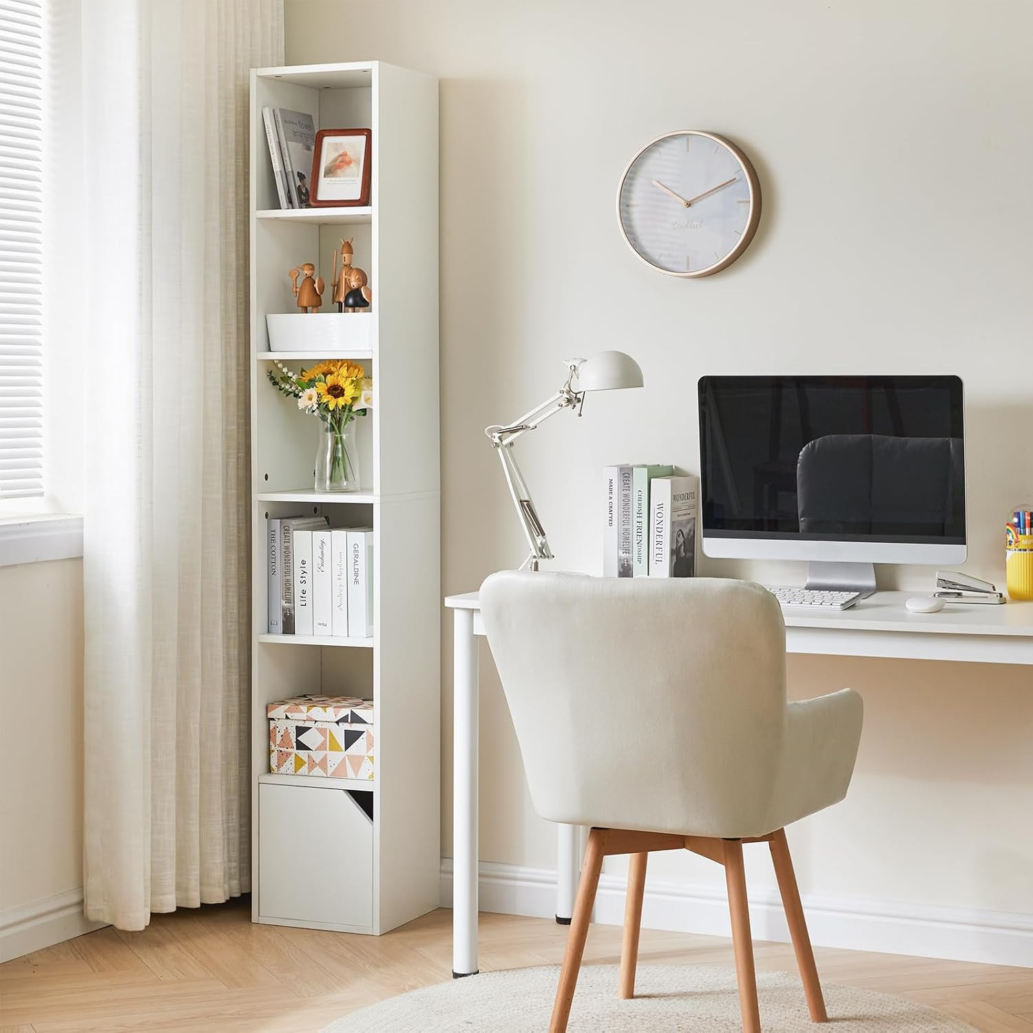 Slim 6-Tier White Bookcase with Doors - Perfect for Small Spaces & Media Storage