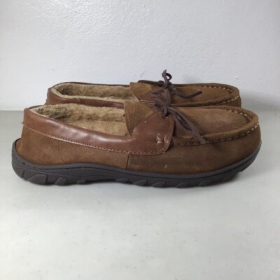 Chaps Men's Cow Suede Faux Fur Flat Slippers Slip-on Brown Size Medium 8-9 