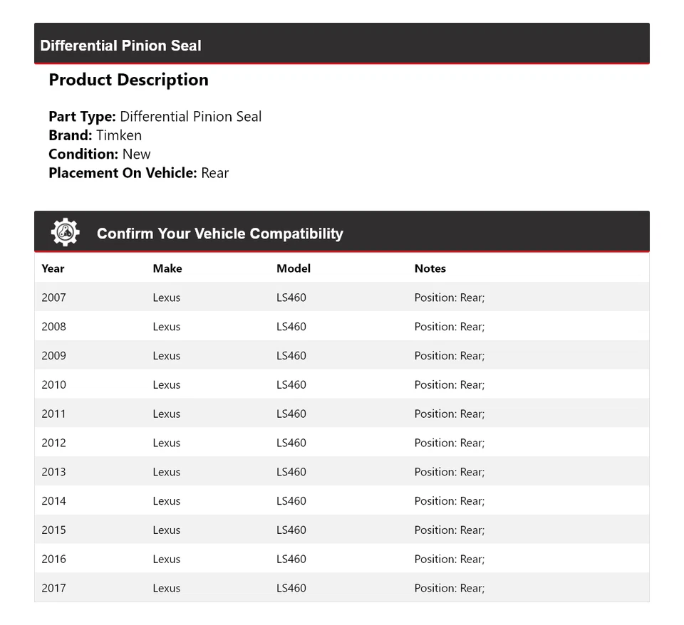 For 2007-2017 Lexus LS460 Differential Pinion Seal Rear Timken 2008 2009 2010 - Image 2 of 4
