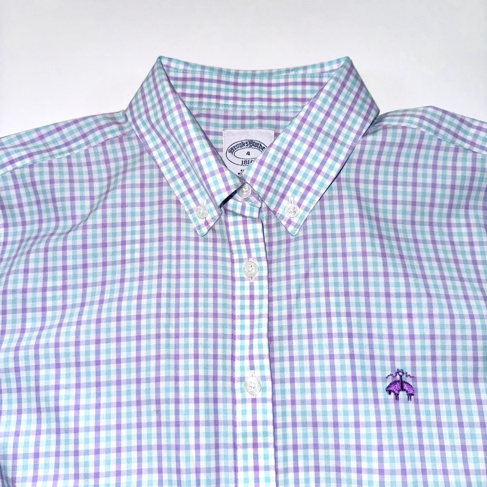 Camisa Brooks Brothers para mujer 1818 ajuste a medida sin planchar azul púrpura y blanco talla 4 Foto 4 de 4