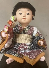 Japanese ICHIMATSU doll Boy wearing SHIBORI KIMONO with DENDEN DAIKO h10.6" #42