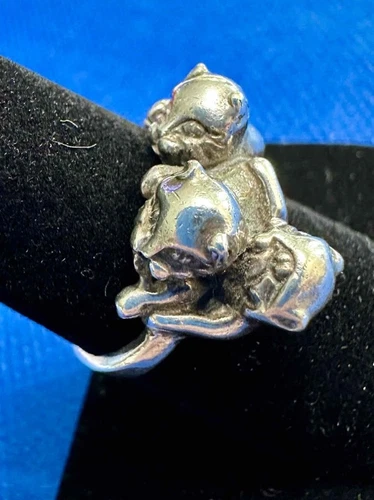 Signed Kabana 3 Playful Kittens Sterling Silver Ring, Cats