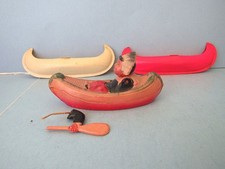 Celluloid Indian in CANOE Made in Japan Toy  White  Pink Canoes Vintage