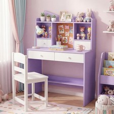 Kids Study Desk and Chair Set Student Writing Table with Chair Open Purple