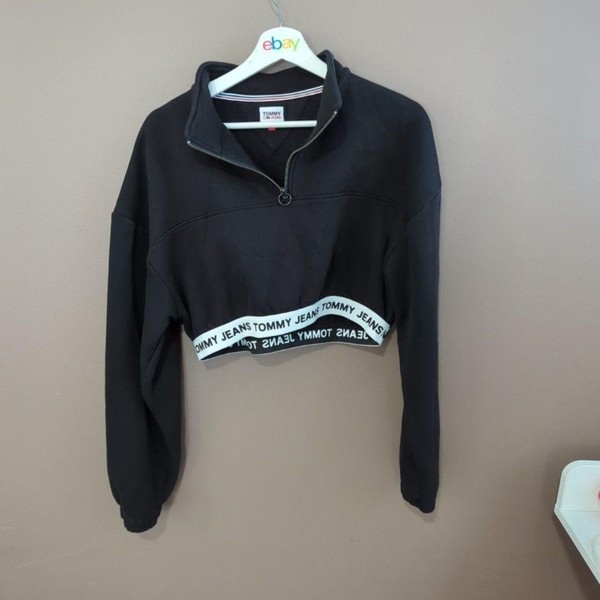 Tommy Jeans Sweatshirt Womens S Black Quarter Zip Cropped Logo Fleece Pullover