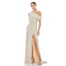 Mac Duggal Champagne Gold Sequin Drop Shoulder Slit Formal Evening Gown Size 6