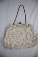 8"VINTAGE LA REGALE OFF WHITE BEAD WEDDING PURSE,HONG KONG,CLAM SHELL,EVENING