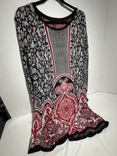 Style & Co Black Pink Paisley Print Long Sleeve Knit Stretchy Dress Boho Size L