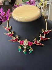 Indian Brass Necklace  Earrings Jewellery Set Lotus and Birds N61